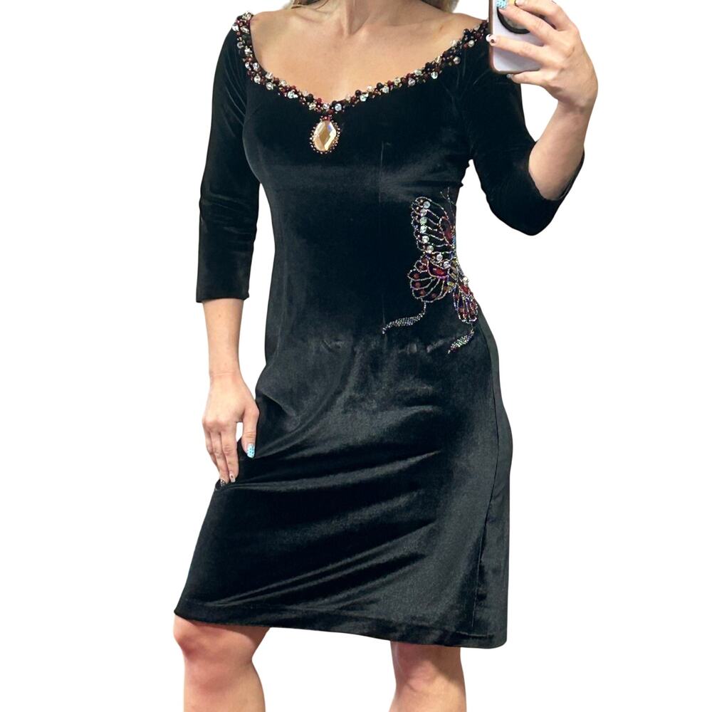 Vintage 90s Y2K Black Velvet Off Shoulder Dress Beaded Butterfly Embellished S